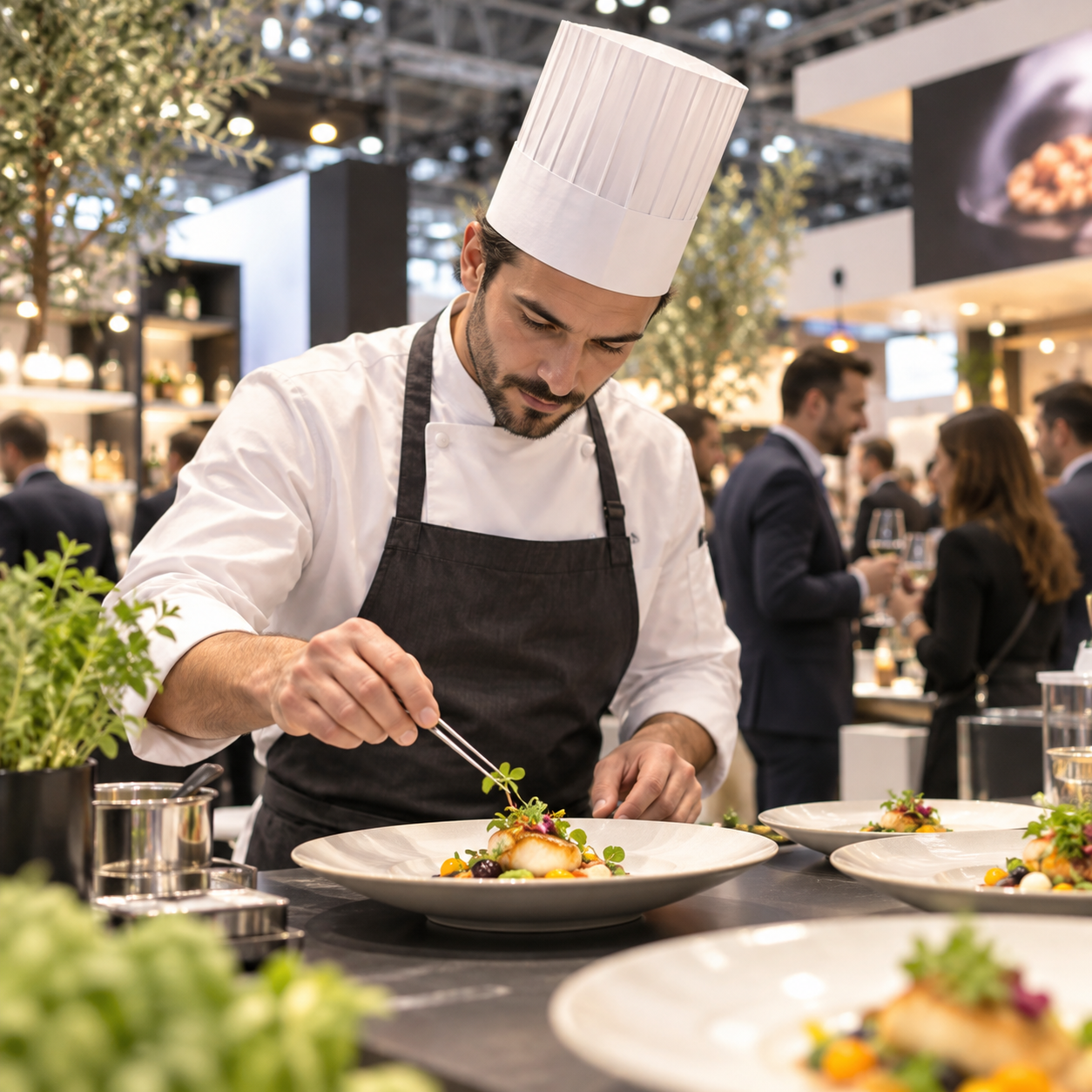 Uno chef impiatta allo stand mentre gli operatori visitano i padiglioni della fiera